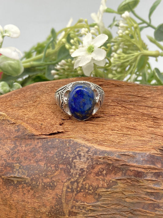 Lapis Lazuli Crystal Sterling Silver 925 Cabochon Cut Statement Ring Top Quality Handmade