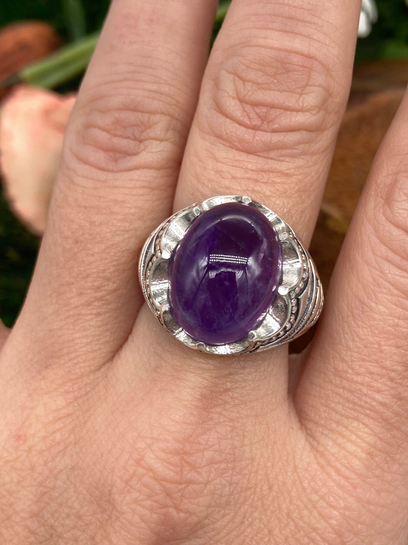 Amethyst Crystal Sterling Silver 925 Cabochon Cut Statement Ring Top Quality Handmade