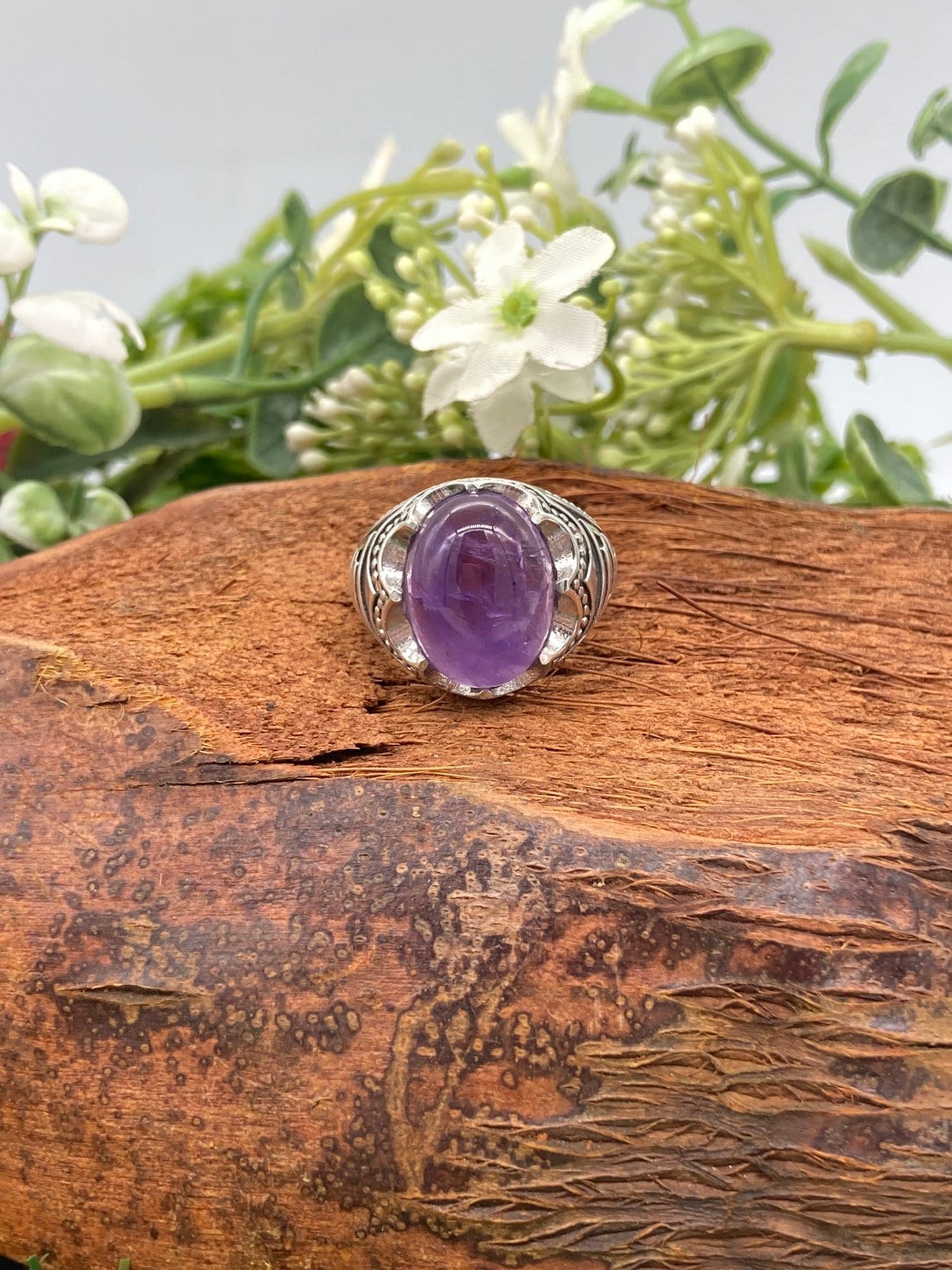 Amethyst Crystal Sterling Silver 925 Cabochon Cut Statement Ring Top Quality Handmade