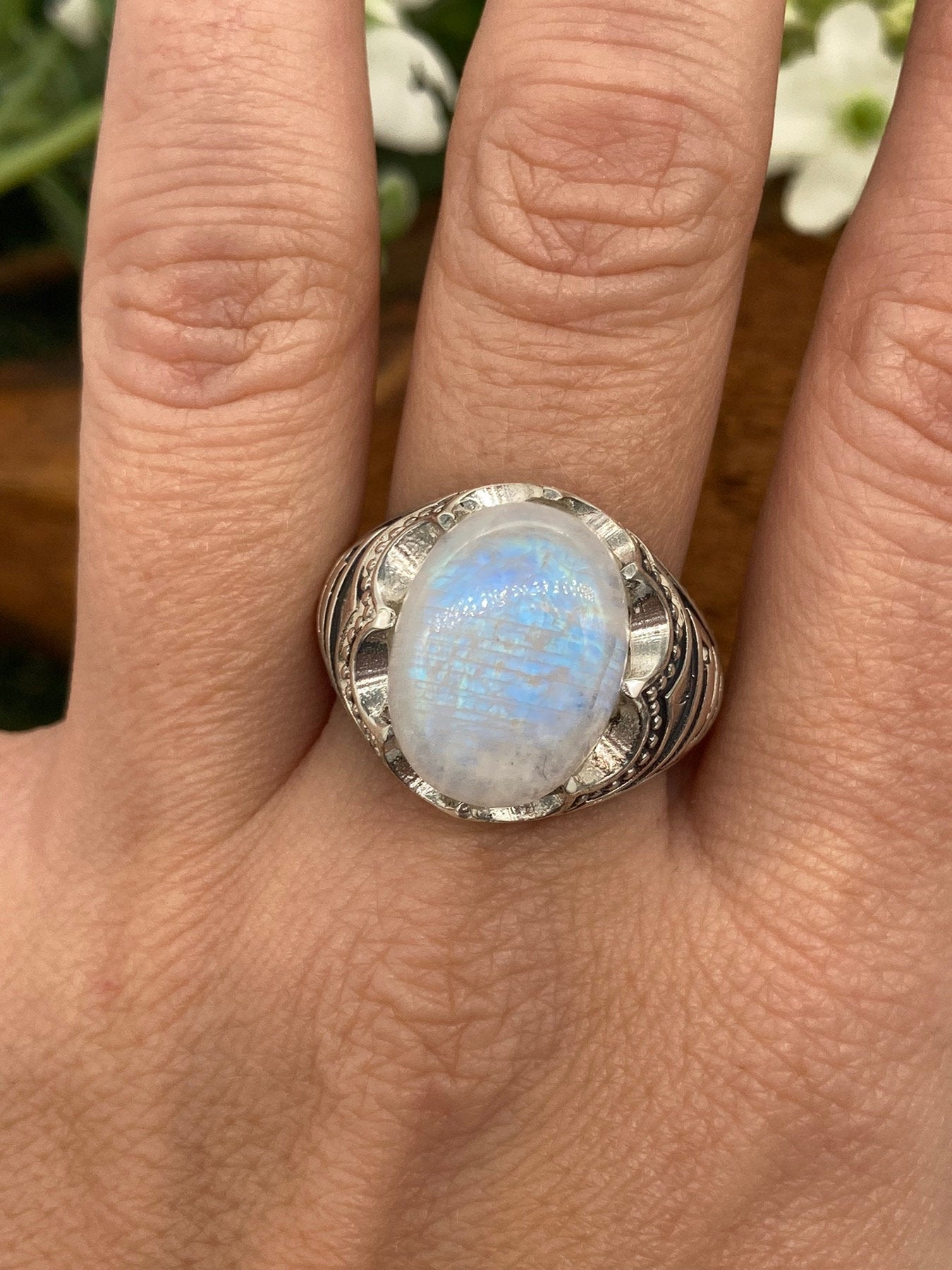 Rainbow Moonstone Crystal Sterling Silver 925 Cabochon Cut Statement Ring Top Quality Handmade