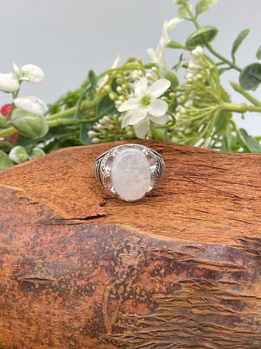 Rainbow Moonstone Crystal Sterling Silver 925 Cabochon Cut Statement Ring Top Quality Handmade