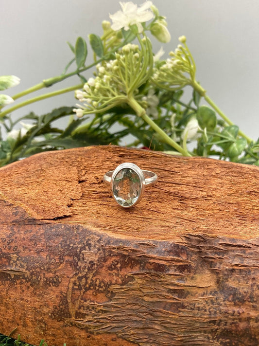 Green Amethyst Crystal Silver 925 Faceted Ring Top Quality Handmade