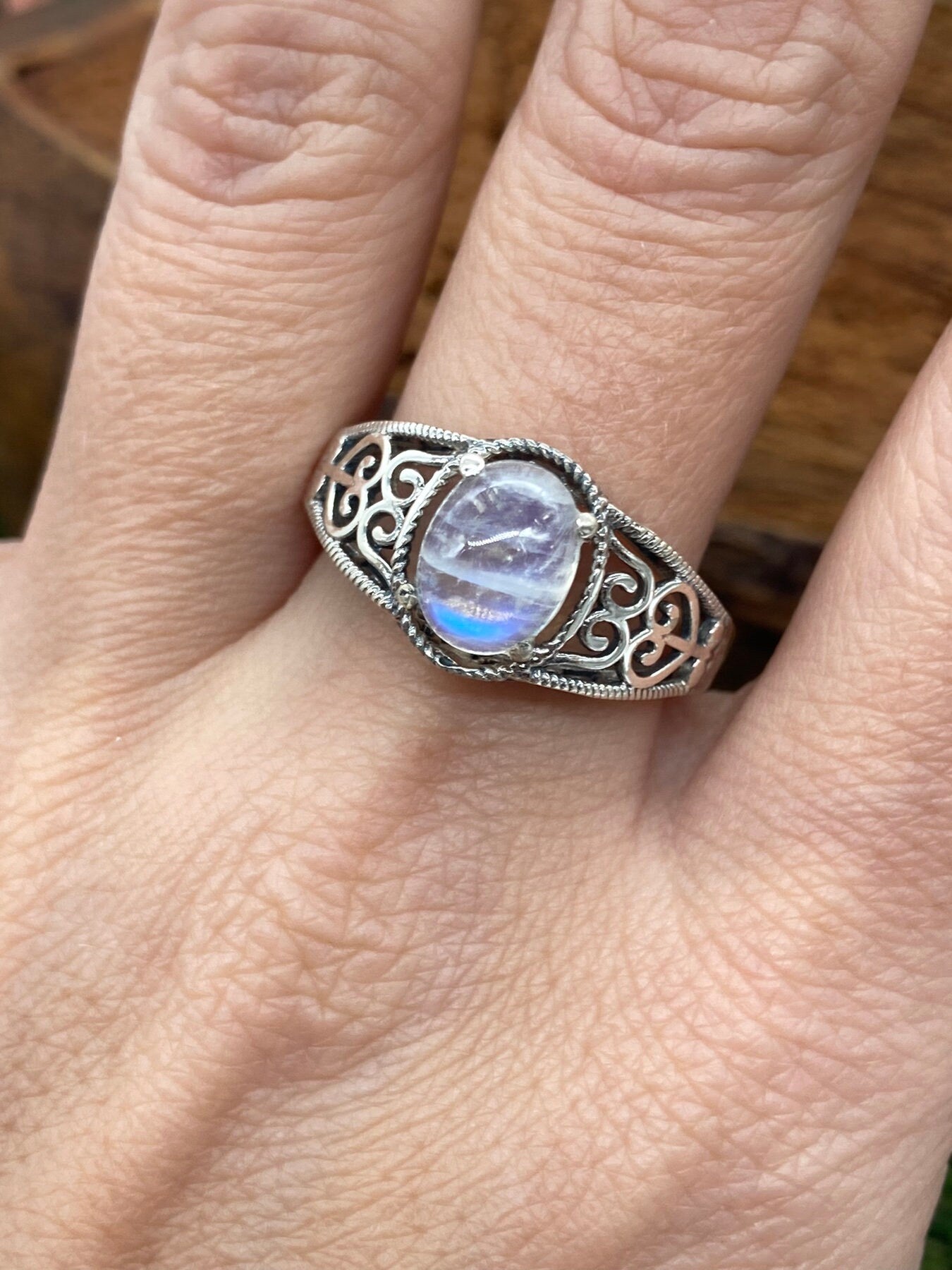 Rainbow Moonstone Crystal Sterling Silver 925 Cabochon Cut Ring Top Quality Handmade Dainty