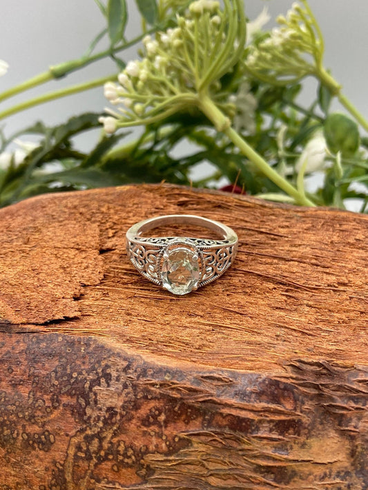 Green Amethyst Crystal Silver 925 Faceted Ring Top Quality Handmade Dainty