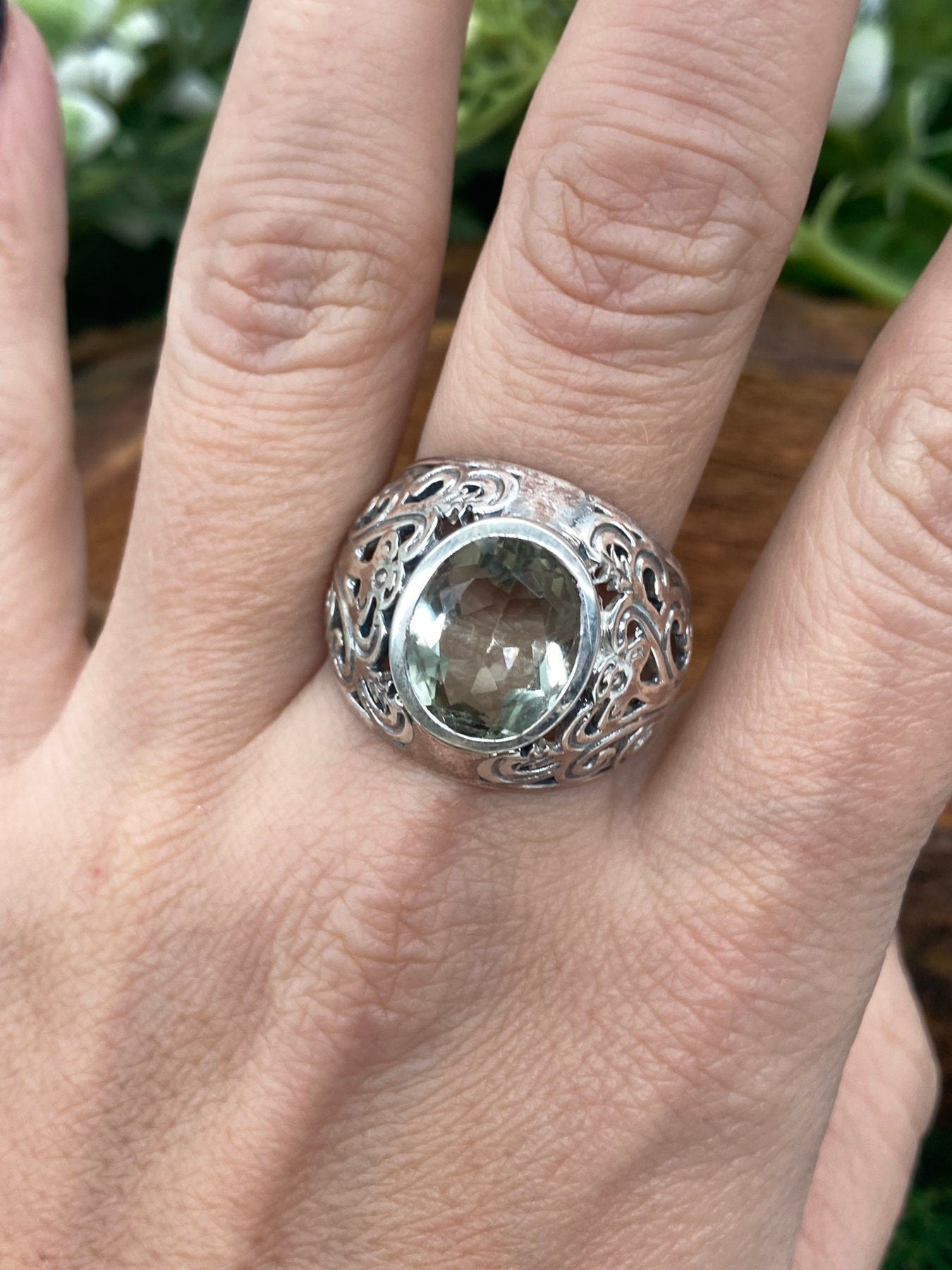 Green Amethyst Crystal Silver 925 Faceted Statement Ring Top Quality Handmade