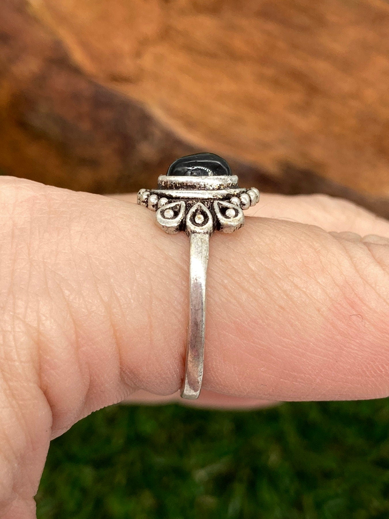 Black Obsidian Crystal Silver Plated Adjustable Ring- Jewelry- Protection against negative energies- Grounding