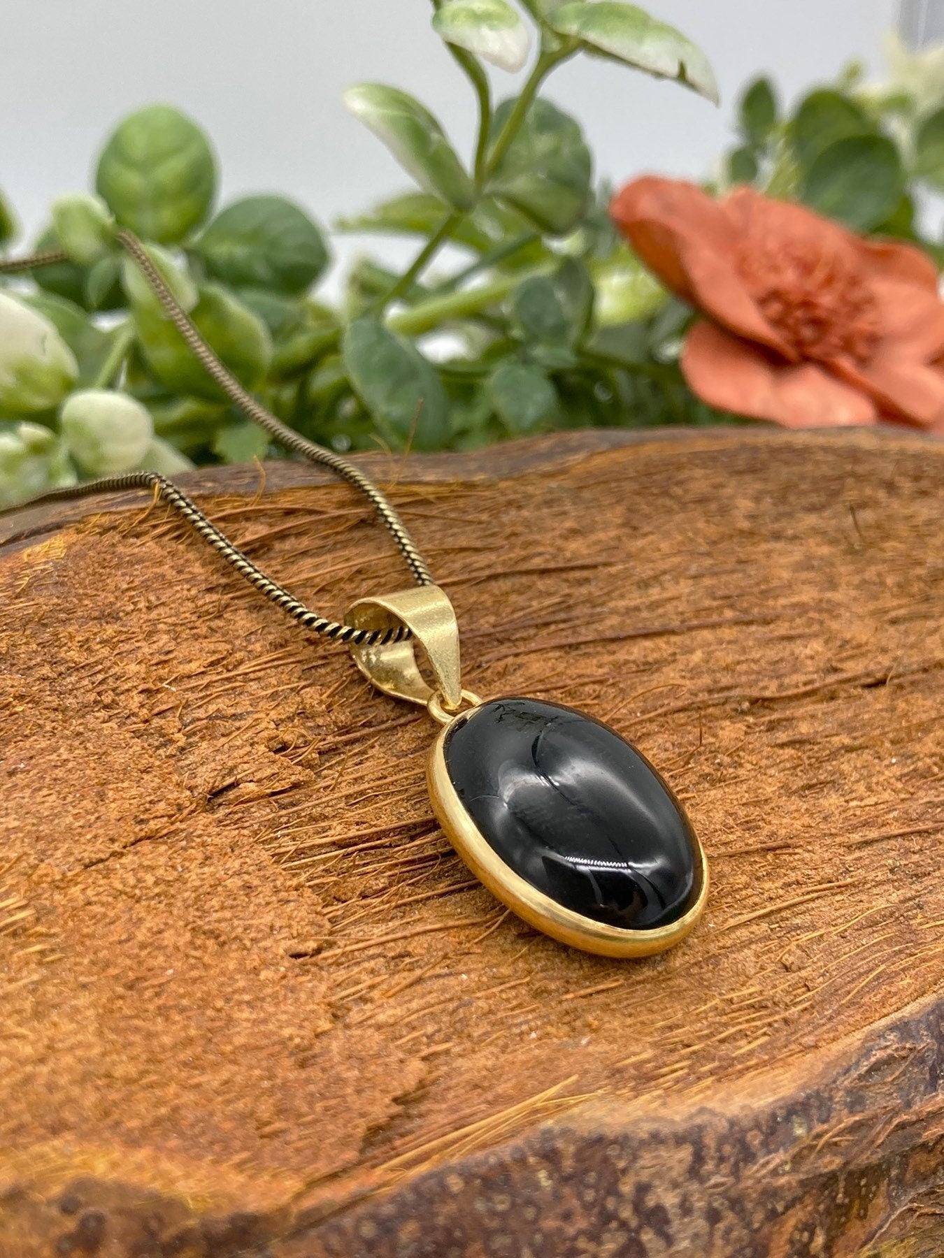 Black Obsidian Brass Pendant Cabochon Cut Healing Crystal