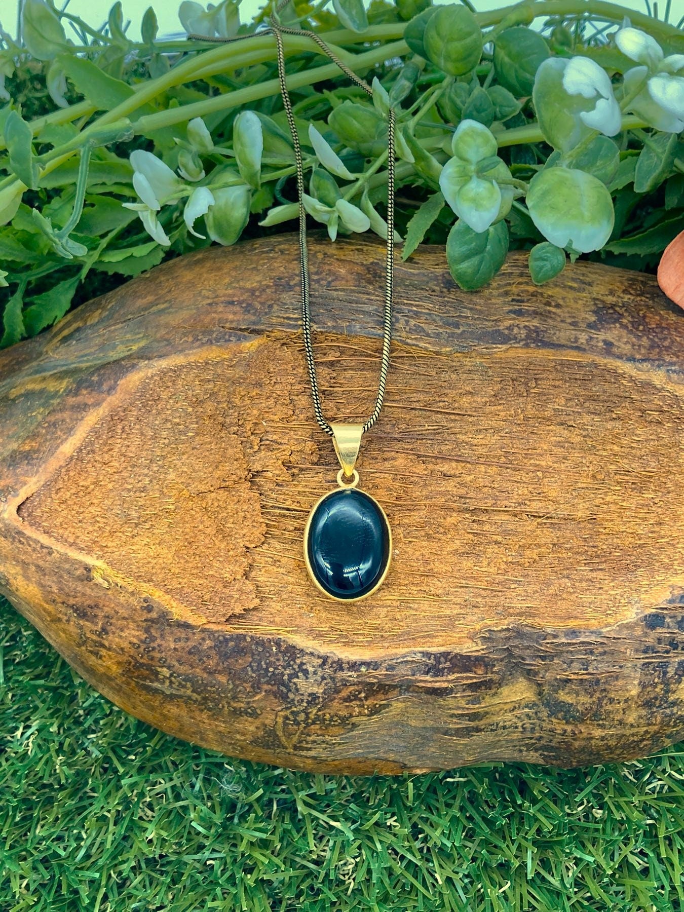 Black Obsidian Brass Pendant Cabochon Cut Healing Crystal
