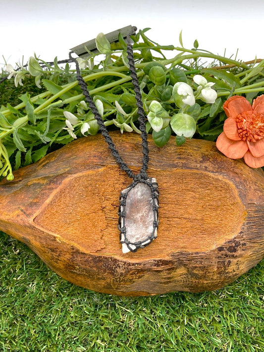 Greek Selenite Crystal with Oxidised Metal Inclusions Macrame Necklace