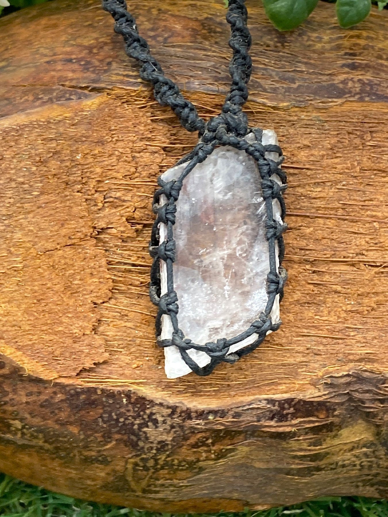Greek Selenite Crystal with Oxidised Metal Inclusions Macrame Necklace