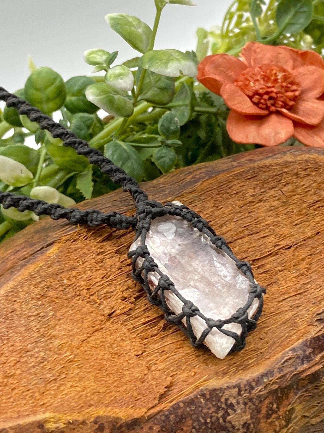 Greek Selenite Crystal with Oxidised Metal Inclusions Macrame Necklace