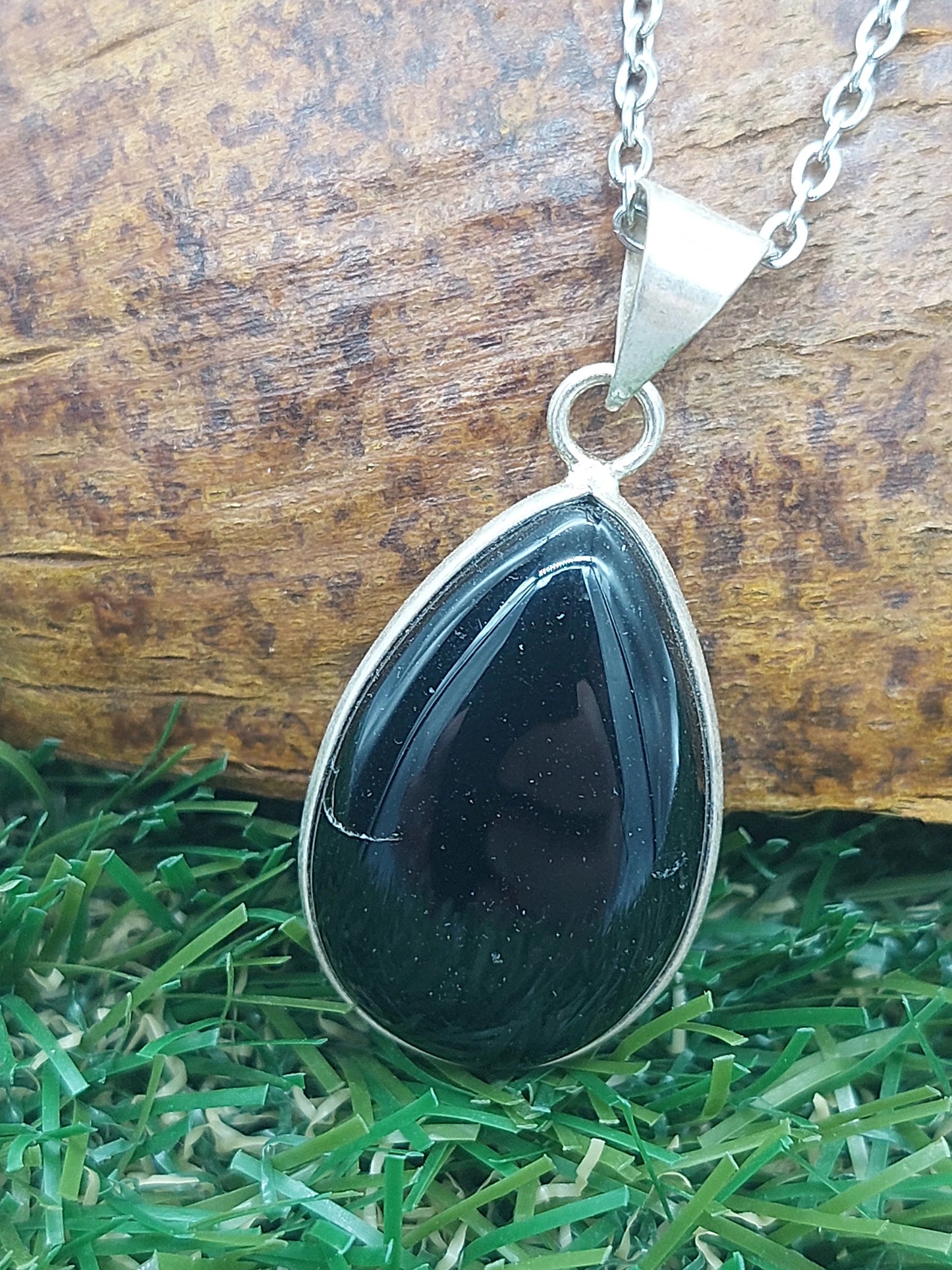 Black Obsidian Silver Plated Pendant Cabochon Cut Healing Crystal