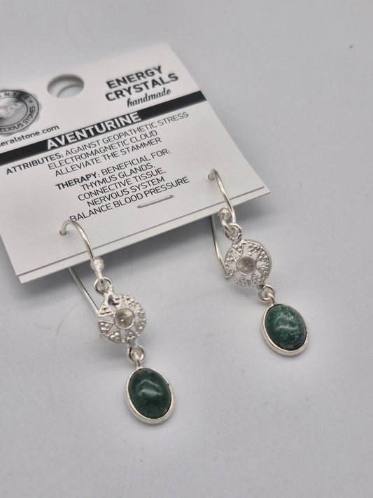 Green Aventurine Silver Plated Earrings, Green Crystal Boho Earrings for Women