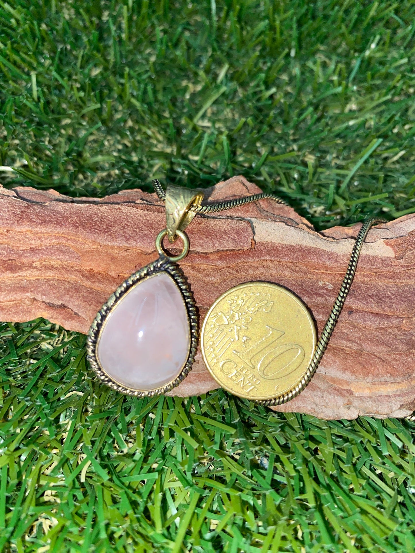 Rose Quartz Cabochon Cut Brass Necklace