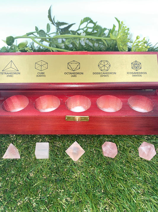 Pink Quartz Platonic Solids Sacred Geometric Set, Energy Healing crystal, reiki stones, five chakra set