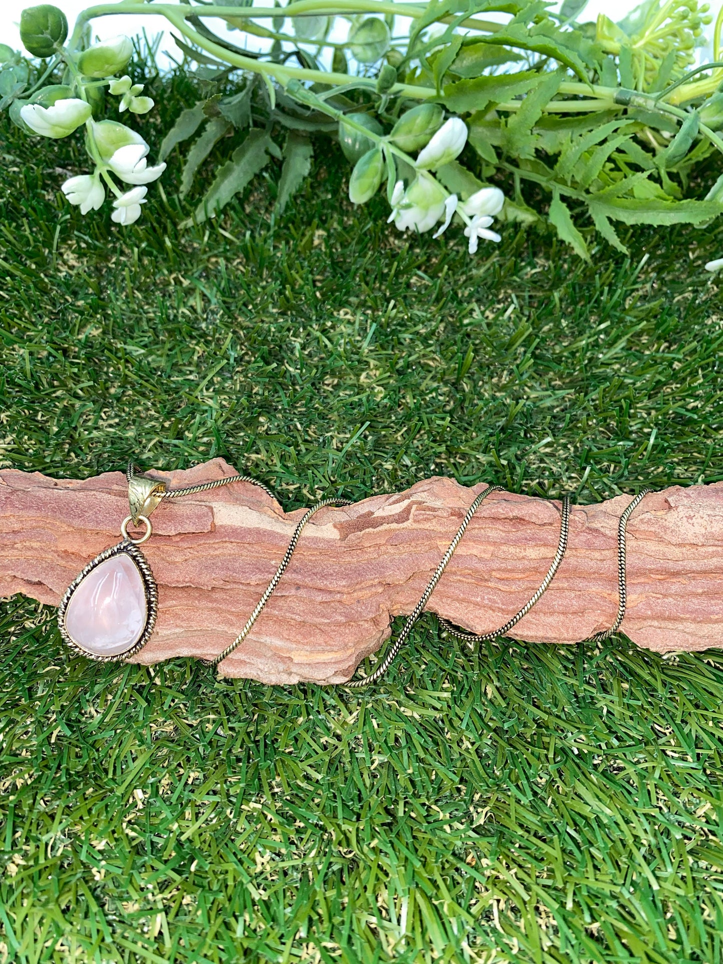 Rose Quartz Cabochon Cut Brass Necklace