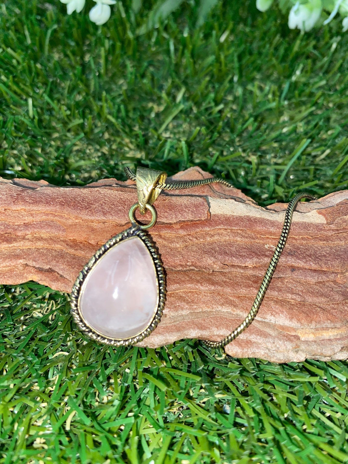 Rose Quartz Cabochon Cut Brass Necklace