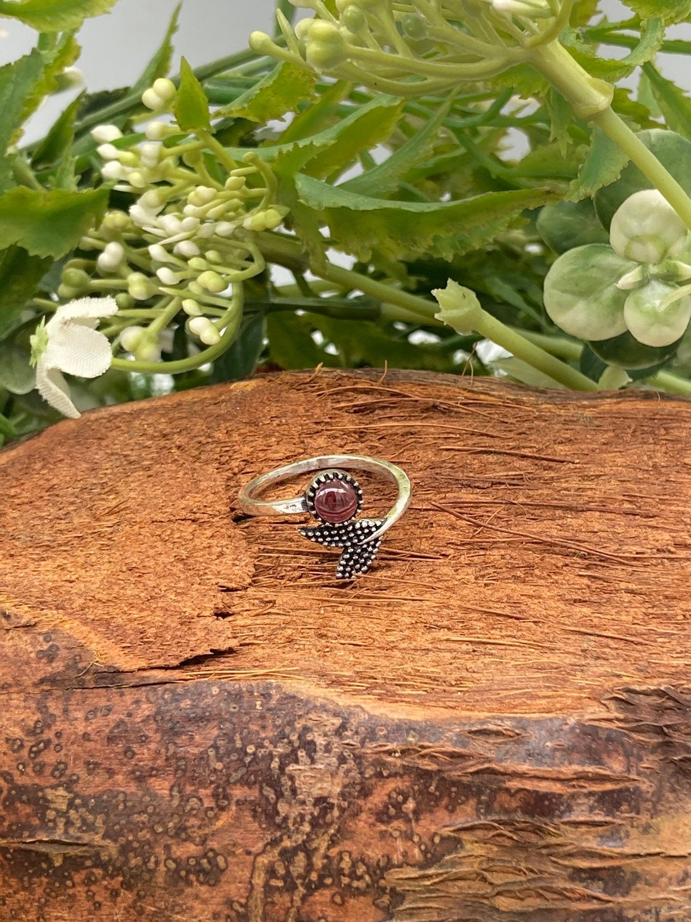 Red Garnet Crystal Silver Plated Adjustable Ring