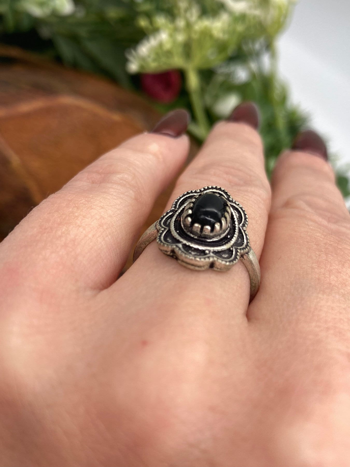 Black Obsidian Crystal Silver Plated Adjustable Ring