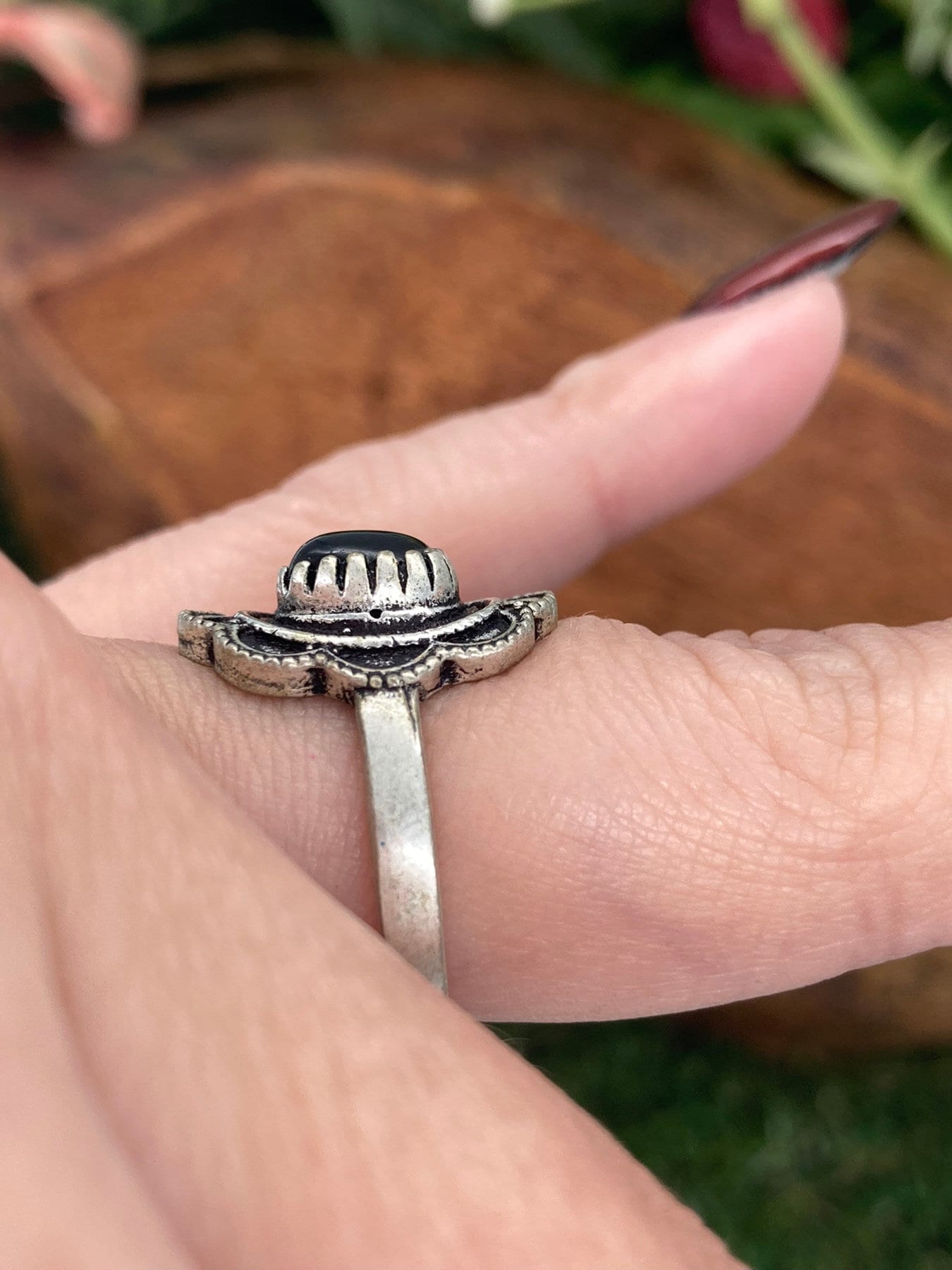 Black Obsidian Crystal Silver Plated Adjustable Ring