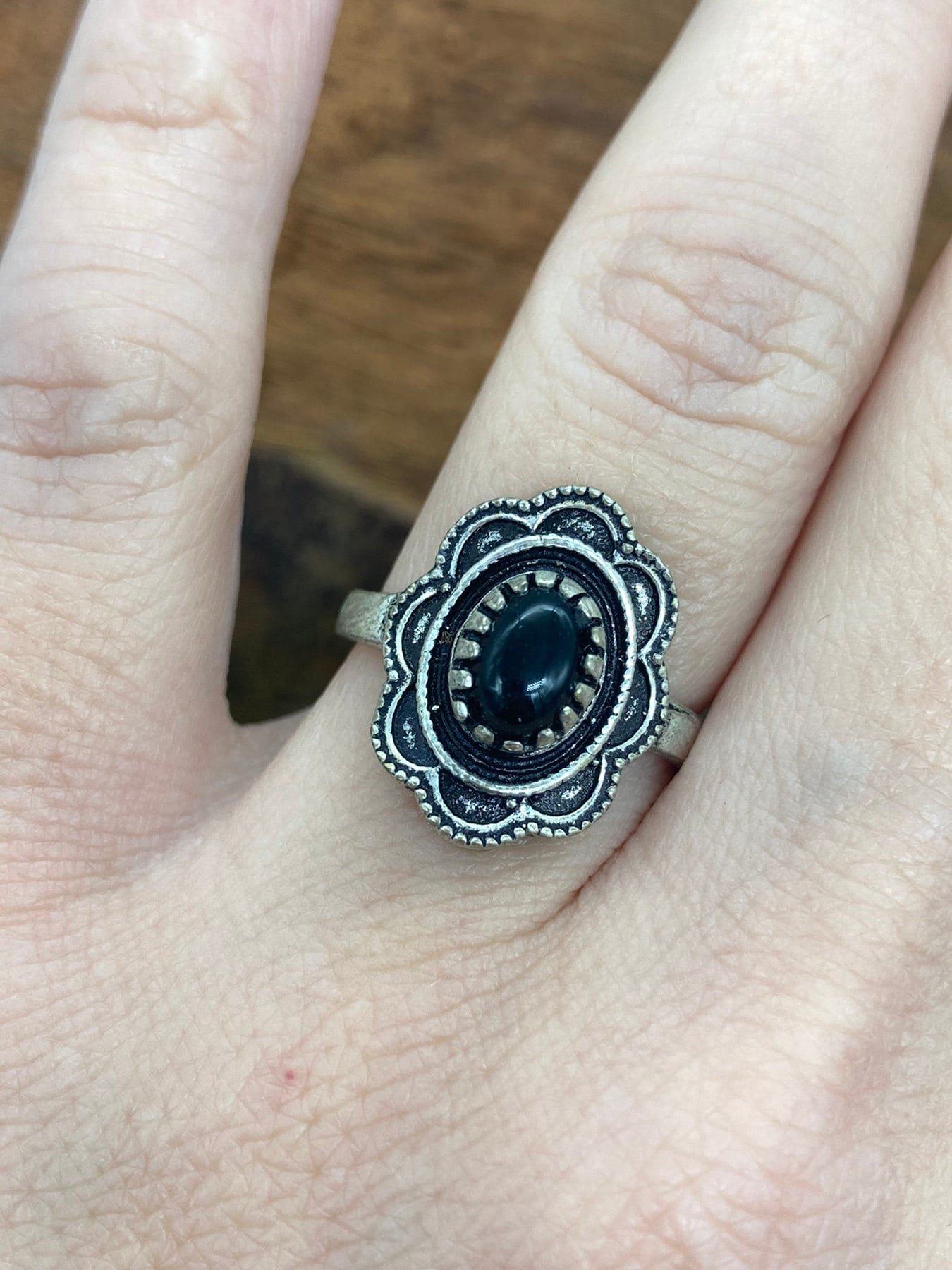 Black Obsidian Crystal Silver Plated Adjustable Ring