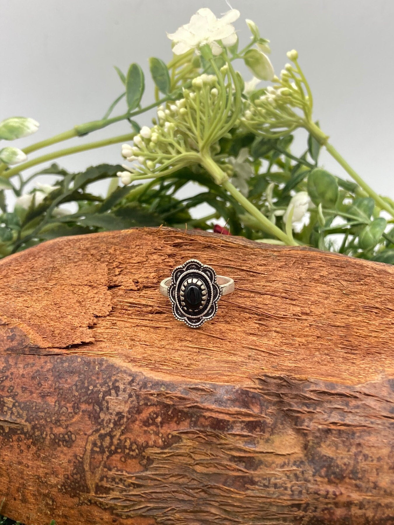 Black Obsidian Crystal Silver Plated Adjustable Ring