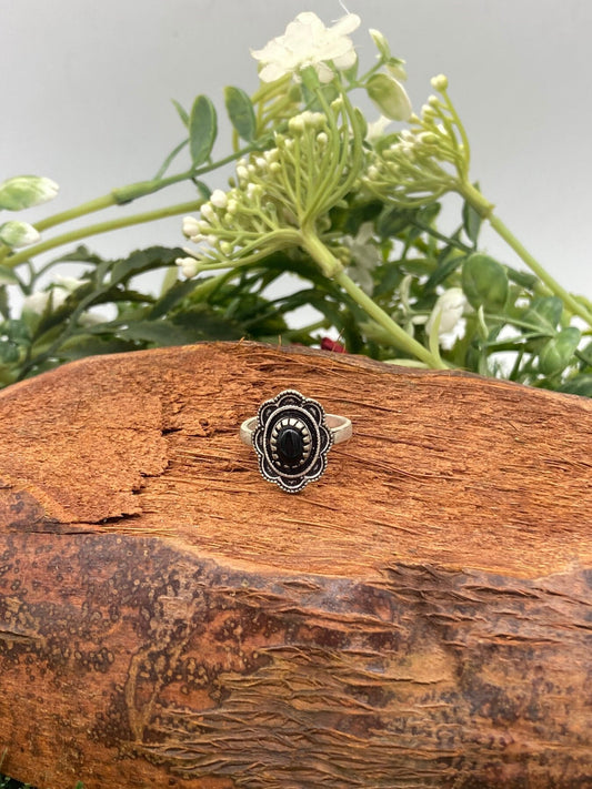 Black Obsidian Crystal Silver Plated Adjustable Ring