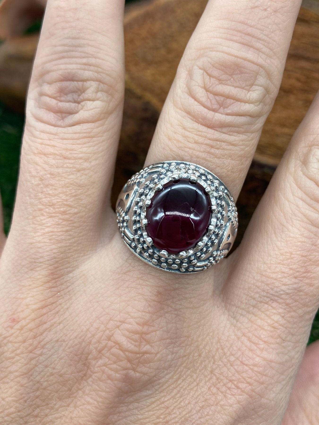 Red Garnet Crystal Sterling Silver 925 Statement Ring Top Quality Handmade Cabochon Cut