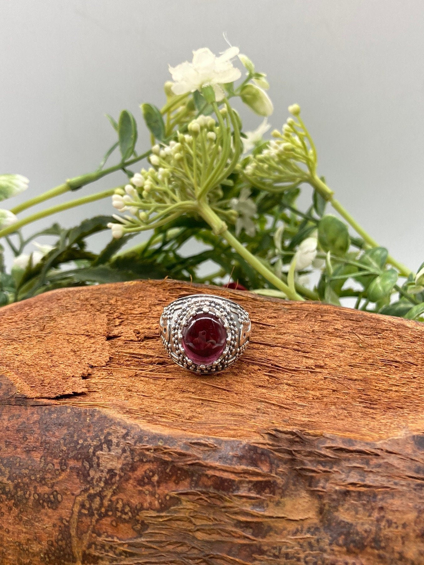 Red Garnet Crystal Sterling Silver 925 Statement Ring Top Quality Handmade Cabochon Cut